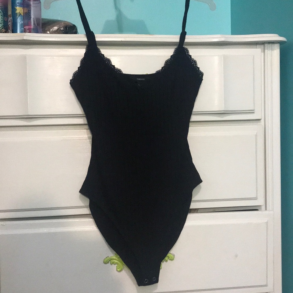 Black Ribbed Lace Trim Bodysuit